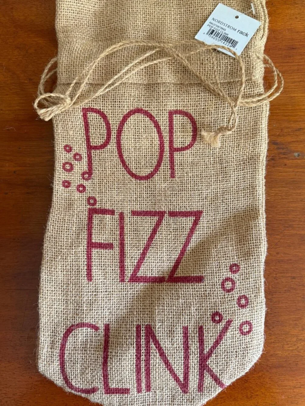 Pop Fizz Clink Burlap Wine Bottle Gift Bag NWT